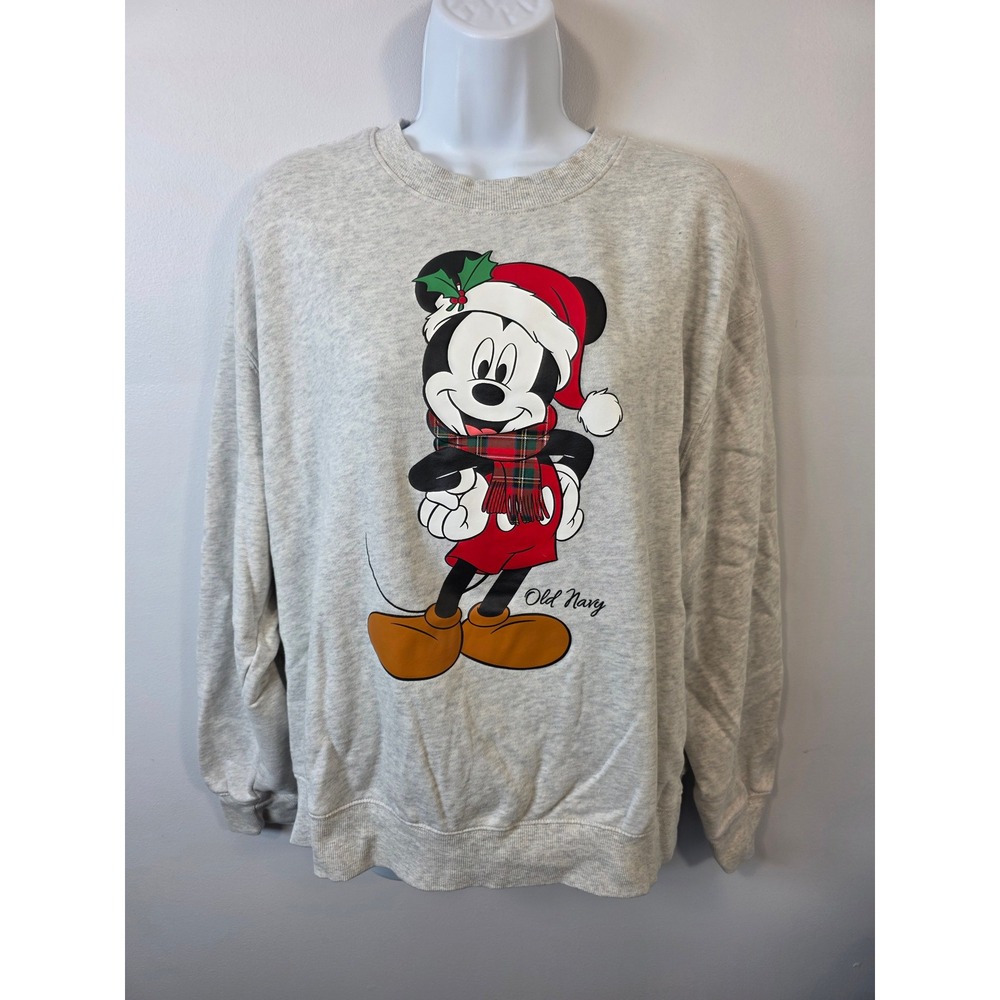 Old Navy Disney Mickey Mouse Christmas Santa Hat Gray Sweatshirt Large